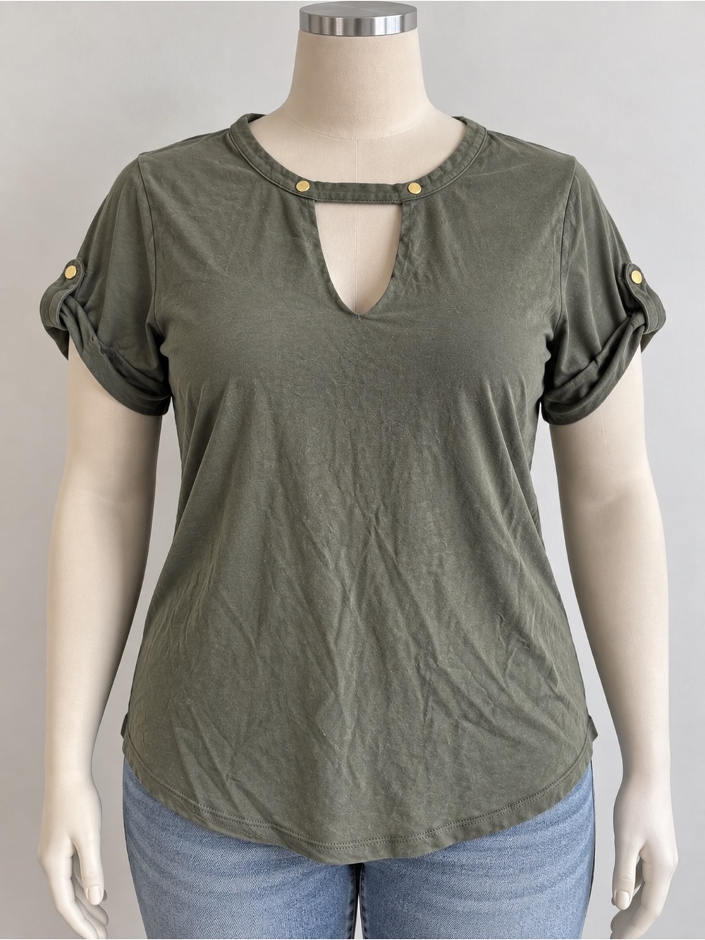 Women’s Olive Green Keyhole Roll-Sleeve Top